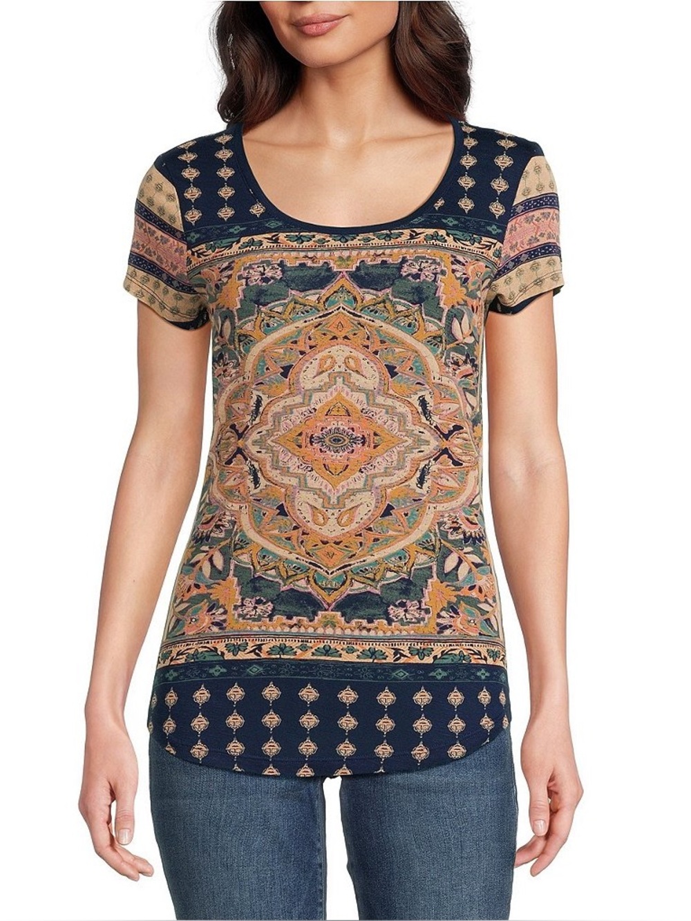 Lucky Brand Navy Multicolor Medallion Short Sleeve Tee